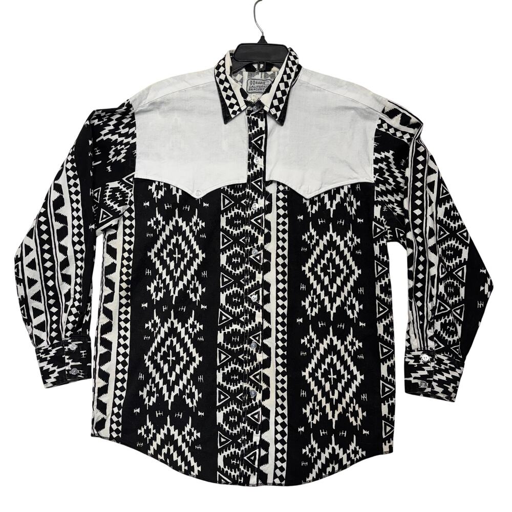 Vintage H Bar C Western Shirt Mens Large Black Southwestern Aztec USA Made